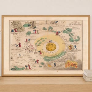 May include: A framed vintage-style map titled Plan of the Road from the City of Destruction to the Celestial City, featuring intricate illustrations of figures, landscapes, and text in muted yellow, green, and red tones on a cream-colored background.