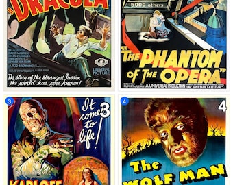 Classic Universal Monsters Poster Set, Dracula Phantom of the Opera Mummy Wolf Man, Vintage Horror Movie Wall Art