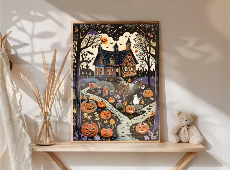 2 Vintage Halloween Town Folk Art Print Spooky Pumpkin and Ghost Wall ...