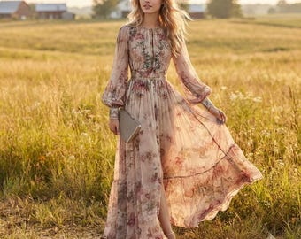 Vintage Floral Maxi Dress for Women, High Waist Pleated Long Sleeve Dress, Boho O Neck Spring Dress, Elegant Holiday Party Dress