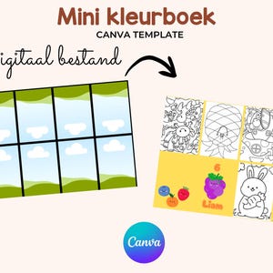 Op de afbeelding: Een digitaal Canva-sjabloon voor een mini-kleurboek. De afbeelding toont een raster van kleurplaten met verschillende illustraties, waaronder een ananas, een konijn en een raket. De tekst "Mini kleurboek" en "Digitaal bestand" zijn zichtbaar.