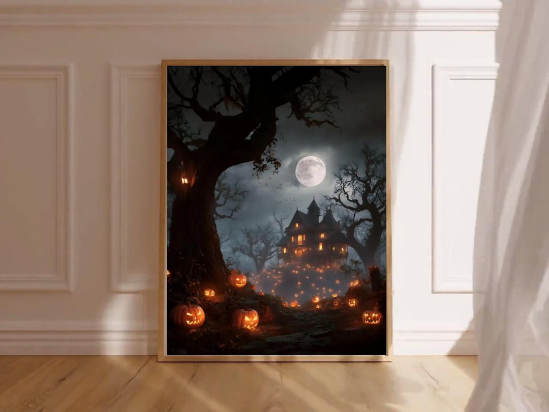 5 Haunted House Halloween Printable Wall Art Spooky Poster With Full ...