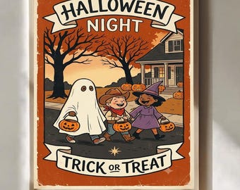 Puede incluir: Un póster rectangular con borde naranja que presenta el texto HALLOWEEN NIGHT en la parte superior y TRICK OR TREAT en la inferior. La ilustración muestra a tres niños disfrazados de fantasma, vaquero y bruja, cargando cubos de calabaza.
