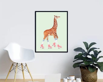 Impression d&#39;art pour chambre de bébé girafe en patin à roulettes, décoration de maison pour ceux qui aiment décorer, affiche de décoration murale