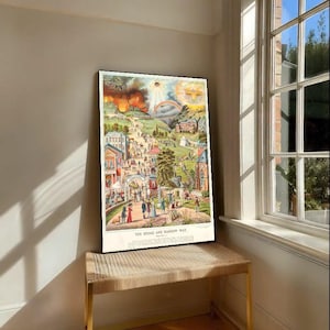 Könnte beinhalten: Ein gerahmter Vintage-Druck mit dem Titel "The Broad and Narrow Way" zeigt eine detaillierte, farbenfrohe Illustration einer Stadt mit verschiedenen Szenen. Der Druck wird auf einer gewebten Bank mit goldenen Beinen in der Nähe eines Fensters ausgestellt.