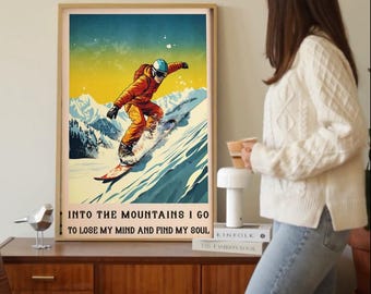 Impresión vintage de snowboard, arte mural de deportes de invierno, póster "Voy a las montañas", regalo de snowboard