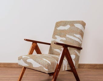 Scandinavian armchair zig zag safari fabric beige mid century modern design 1970