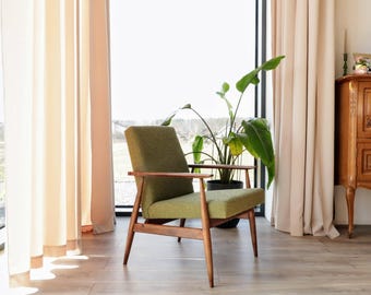 Mid century modern armchair olive green bouclé wooden frame design by H.Lis