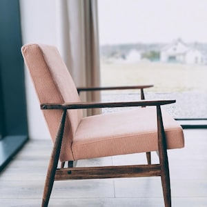 Vintage armchair salmon pink corduroy Mid century modern design by H.Lis 300-190