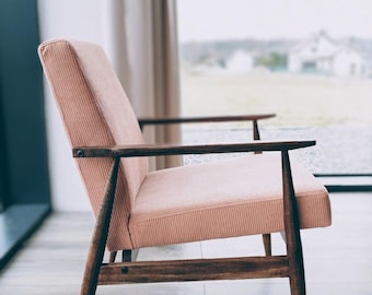 Fauteuil vintage en velours côtelé rose saumon, design moderne Mid-Century par H.Lis 300-190
