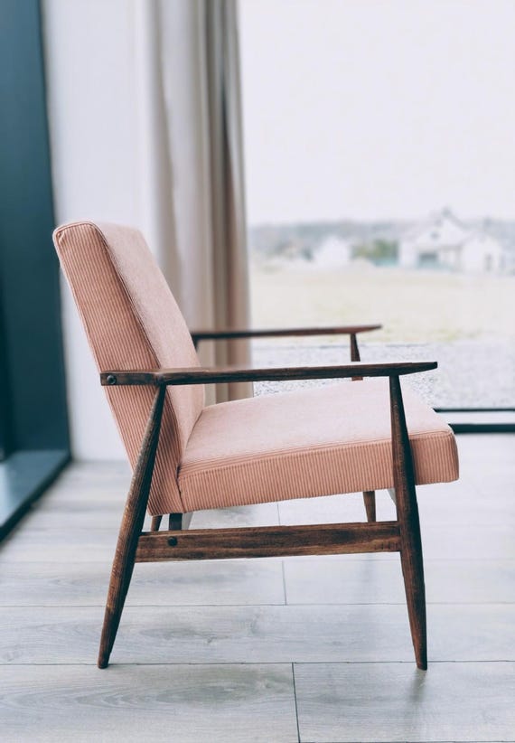 Vintage armchair salmon pink corduroy Mid century modern design by H.Lis 300-190