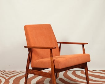 Vintage Longue Sessel Mid Century Modern Design orange Polster Nussbaum Holzfarben 1970er