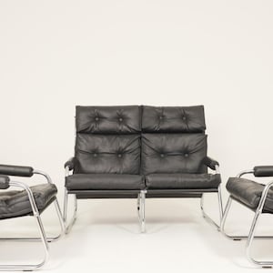Vintage Bauhaus set of sofa and 2 armchairs black leather and chrome design by Gillis Lundgren Ikea 1974
