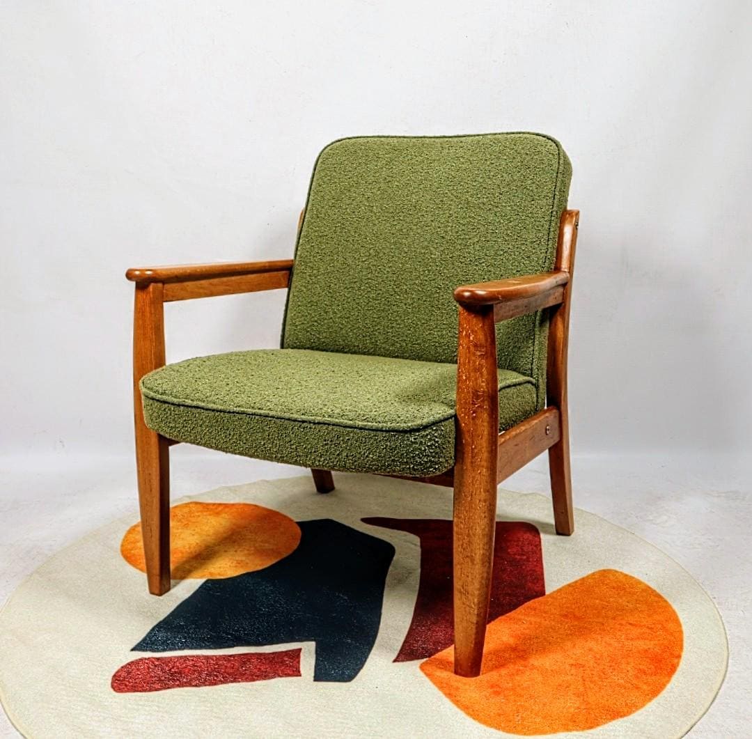 Fauteuil Scandinave, Eucalyptus Bouclé Vert, Design Danois Moderne Du Milieu Siècle 1960
