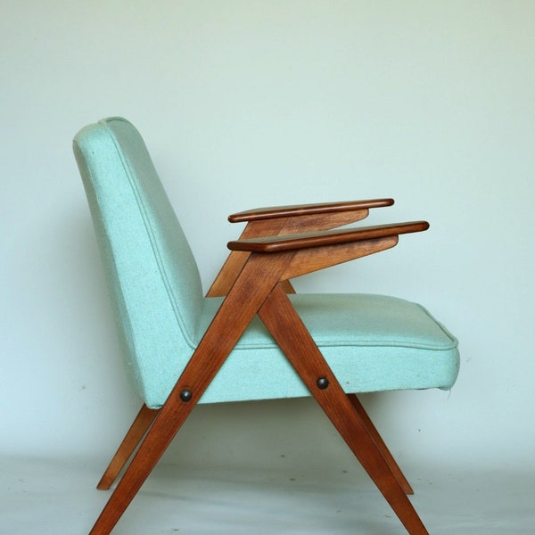 Vintage wood armchair longue chair from 1970 pistachio wool oryginal mid century modern design teak colour wooden armchair