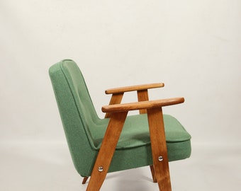 Fauteuil en bois chaise en bois vintage tissu en laine naturelle vert eucalyptus design moderne du milieu du siècle par Chierowski 1962 modèle 366 rénové