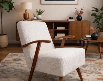 Restored Mid-Century Modern Armchair: Pearl Bouclé, Walnut Wood