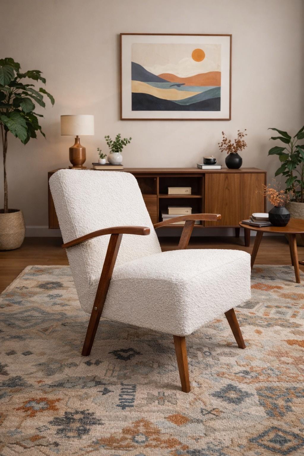 Fauteuil Moderne Mid-Century Restauré Bouclette Nacrée, Bois De Noyer