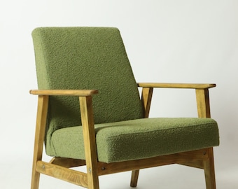 Fauteuil scandinave bouclé eucalipto Design moderno della metà del secolo 1970 Poltrona da salotto Sedia da salone stile Boho bouclette vert sedia retrò