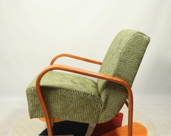 Art déco armchair green geometrical jacquard Kropacek Kozelek 1950 wooden living room armchair