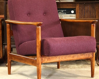 Vintage wood armchair plum wool fabric oryginal from mid century modern design by E.Homa 1969 wood teak color