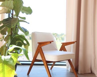 Scandinavian armchair boho white bouclé natural wood mid century modern design