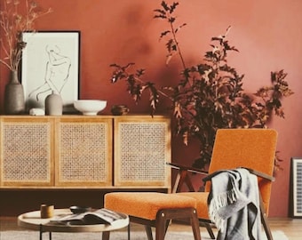 Mid century modern armchair and footrest terracotta orange boucle Vintage longue chair
