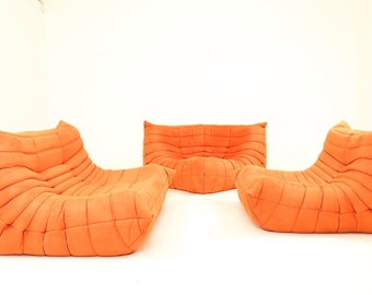 Togo sofa and armchairs pumpkin orange set of 3 Mid century modern design