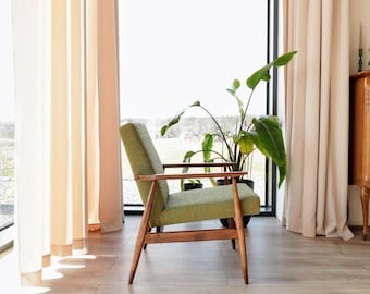 Mid century modern armchair olive green bouclé design by H.Lis