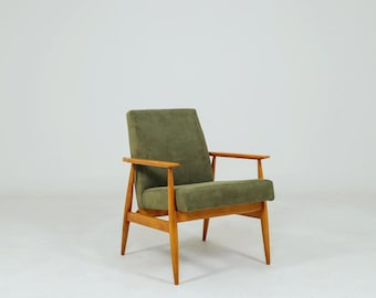 Mid century modern armchair olive green corduroy upholstery Scandinavian design 1960