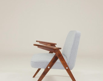 Fauteuil vintage en bois bouclé bleu ciel, design moderne Mid-Century