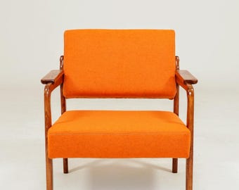 Mid century modern armchair papaya orange wool 1960