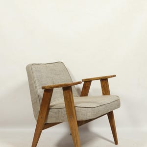 Vintage Armchair beige natural wool mid century modern design by Chierowski oak wood