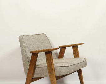 Fauteuil vintage beige en laine naturelle design moderne du milieu du siècle par Chierowski, bois de chêne