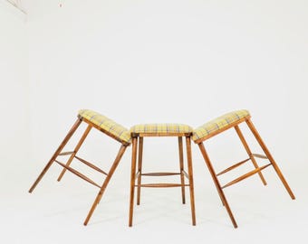 Set of 3 Mid-Century Modern Bar Stools: Tartan Plaid Upholstery, Solid Wood Scandinavian Design