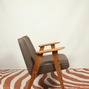 Vintage armchair chocolate brown wool rustic oak wood design by Chierowski 366