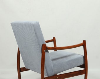 Vintage-Sessel aus gebogenem Holz mit babyblauer Cordpolsterung, 1969, modernes Design aus der Mitte des Jahrhunderts, Wohnzimmersessel, Garten- und Terrassenstuhl