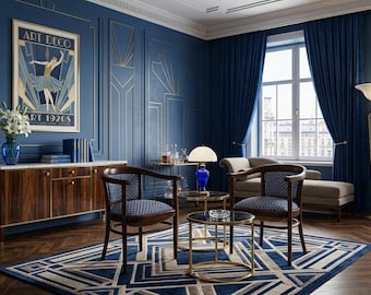 Pair of Thonet Armchairs | Art Deco Bentwood Chairs | Restored Vintage Seating | Blue White Jacquard Upholstery