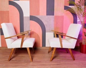 Vintage armchair beige bouclé set of 2 walnut wood 1960 ethnic design