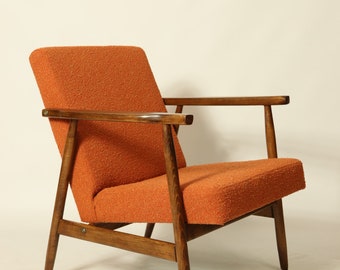 Fauteuil moderne en bois, chaise de salon bouclé orange citrouille, rénové des années 1970, fauteuil club long design moderne, chaise de patio