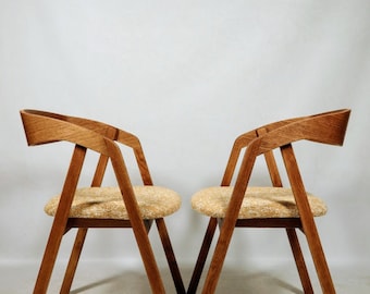 Vintage eetkamerstoelen 1/6 natuurlijk eikenhout gele zachte stof Boho-stijl