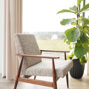 Vintage armchair brown mellow fabric natural wood Mid century modern design