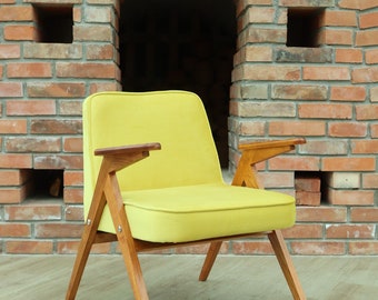 Moderner Sessel aus Holz, Wohnzimmerstuhl, gelber, weicher Stoff, 1960er-Jahre, Mid-Century-Modern-Design, Sessel im skandinavischen Stil, Boho-Retro-Design