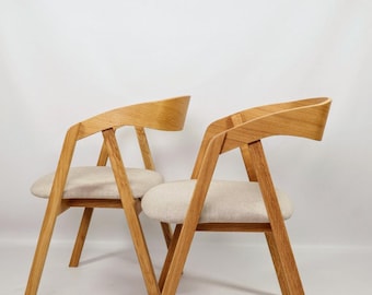 Vintage Oak Dining Chairs Set: Beige Linen, Scandinavian Boho Style