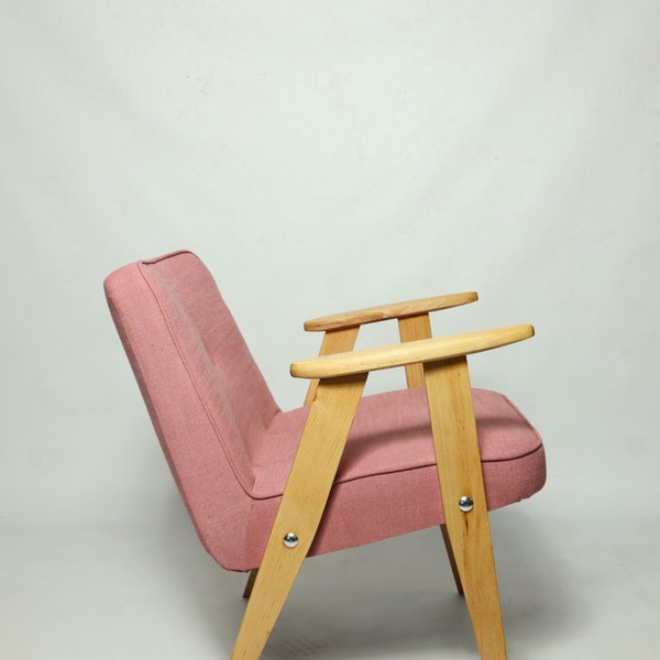 Modern armchair natural oak wood pink rose upholstery hand made mid century modern design by Chierowski 1962 renovated living Room armchair