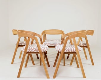 Skandinavisches modernes Eichen Esszimmerstühle Mediterran Jaquard Set 6 Stück Handarbeit Bugholz