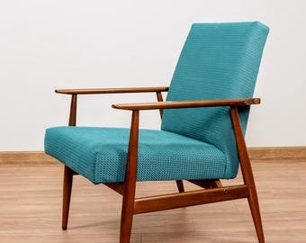 Vintage armchair teal upholstery fabric mid century modern design by H.Lis 1970