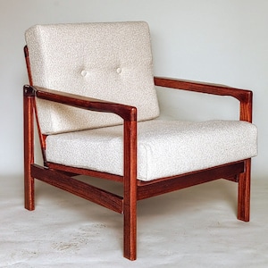 Scandinavian armchair mid century modern design bouclé beige living room chair 1965 Baczyk  solid wooden armchair