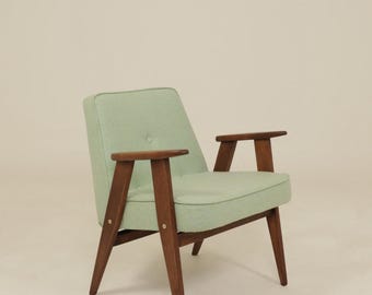Mid century modern armchair natural wool oak wood design by J. Chierowski