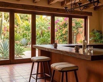 Juego de 2 taburetes de bar de lino natural y madera, diseño moderno de mediados de siglo.